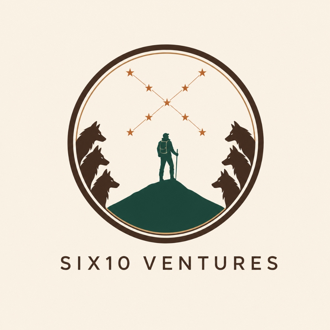 The full Six10 Ventures logo — a lone figure at a summit beneath a star constellation, flanked by wolves